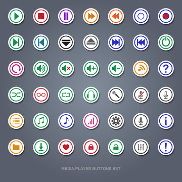 Media player buttons sticker icons set