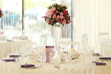 Beautifully decorated wedding table sunny day