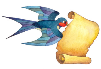 Flying Swallow is in its beak a piece of paper