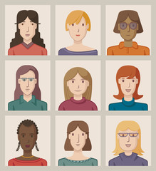 Nine portraits of young women, flat design