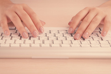 Female hands typing on keyboard on light background