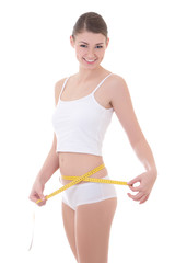 diet concept - smiling woman with beautiful body measuring her w