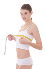 diet concept - smiling woman with beautiful body measuring her b