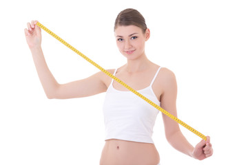 diet concept - smiling woman with beautiful body holding measure
