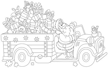 Santa carrying Christmas gifts on his truck