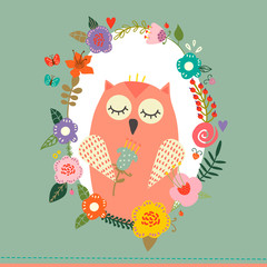 Cute vector illustration of little toy owlet with flower.
