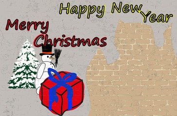 Christmas card with a background of a brick wall