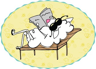 Happy sheep resting on the beach. Happy summer day.