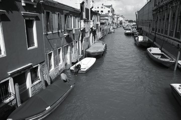 Venice canal. Black and white photo.