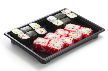 Set of sushi in black plastic box