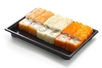 Set of sushi in black plastic box