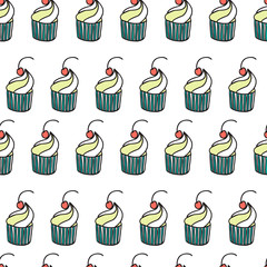 Cute funny seamless pattern with sweet cupcakes.