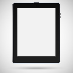 Black tablet with touch screen on a gray background