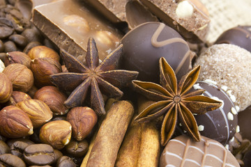 chocolate, coffee, spices and nuts