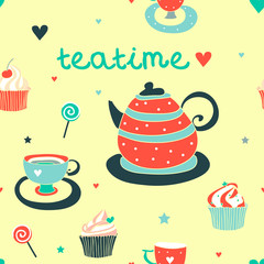 Cute vintage seamless pattern with teapot, cup, cupcakes.