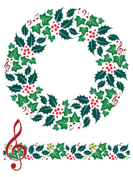 Christmas Music Wreath and Seamless Border. Isolated.