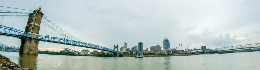 A panorama of Cincinnati Ohio under a cloudy sky