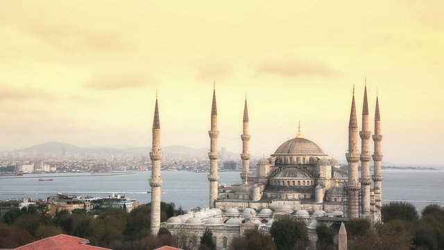 Blue Mosque in Istanbul at Sunset, Panoramic View