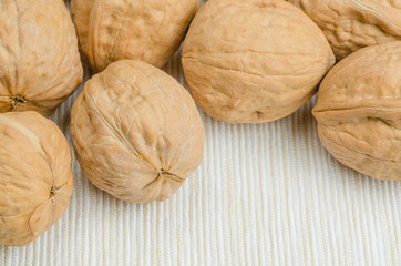 walnut on table cloth, close up