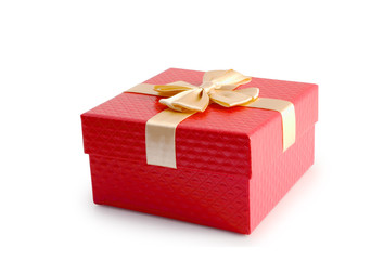 Red gift box and gold ribbon isolated clipping path.