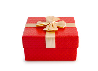 Red gift box and gold ribbon isolated clipping path.