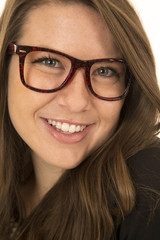 pretty brunette woman smiling wearing glasses close-up portrait