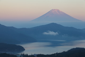 Mountain Fuji and Lake ashi in sunset time