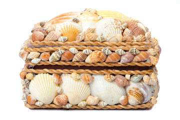 Chest made of seashells isolated on white