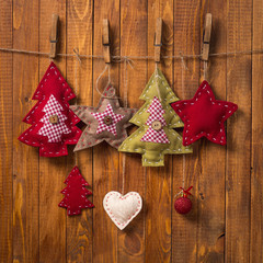 Christmas decorations handmade on wood background