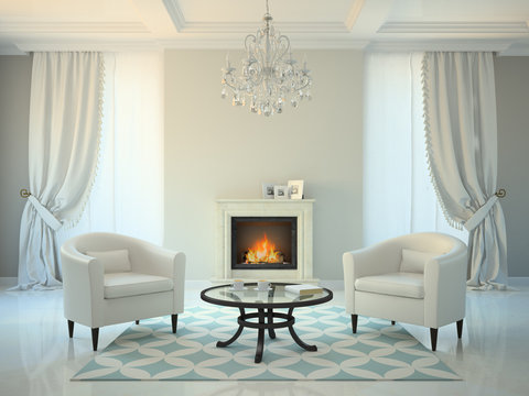 Classic style room with fireplace and armchairs 3D rendering