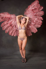 Standing burlesque dancer with big feather fans