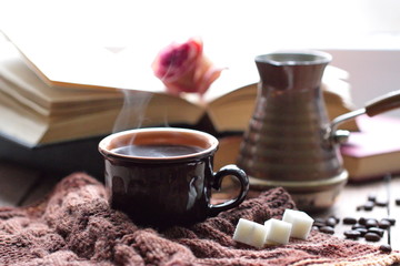 Cup of hot coffee in the morning