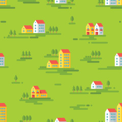 Landscape with buildings background seamless pattern