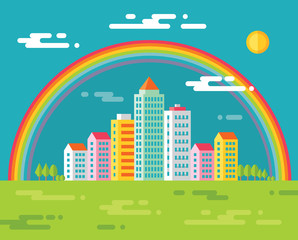 Building and rainbow in city illustration in flat design