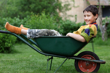 funny boy in garden wheelbarrow