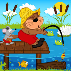 cat mouse fishing - vector illustration, eps