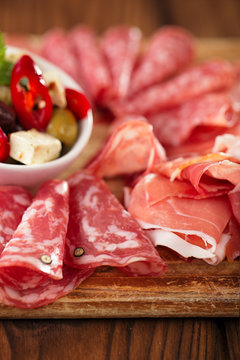antipasti Platter of Cured Meat,   jamon, olives, sausage, salam