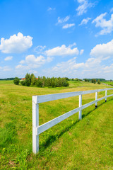 Fototapeta premium White fence on green field on sunny summer day, Poland