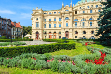 Green park in front of Slowackiego Theater in Krakow, Poland