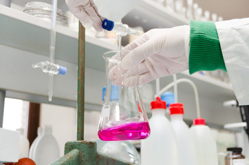 chemicals in the bottle during research in the laboratory