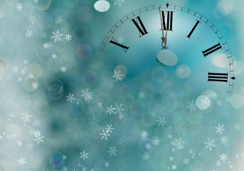 Fototapeta na wymiar Old clock with stars snowflakes and holiday lights