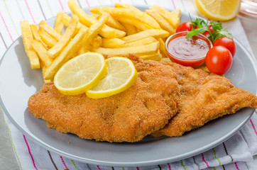 Schnitzel with french fries and a spicy dip
