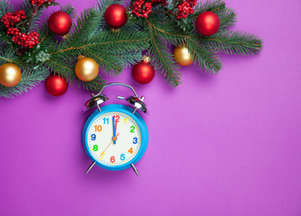 Fototapeta na wymiar Alarm clock with pine branch on violet background.