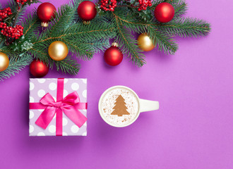 cappuccino and christmas tree shape with gift box
