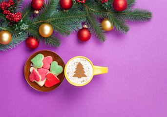 cappuccino and christmas tree shape with cookie