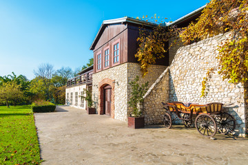 Traditional house in Tomaszowice village park in autumn, Poland