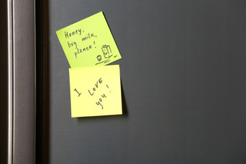 Note on piece of paper on refrigerator closeup