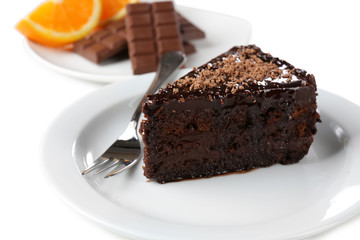 Fototapeta na wymiar Yummy chocolate cake served on table