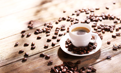 Cup of coffee on wooden table