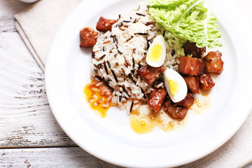 Tasty rice served on table, close-up